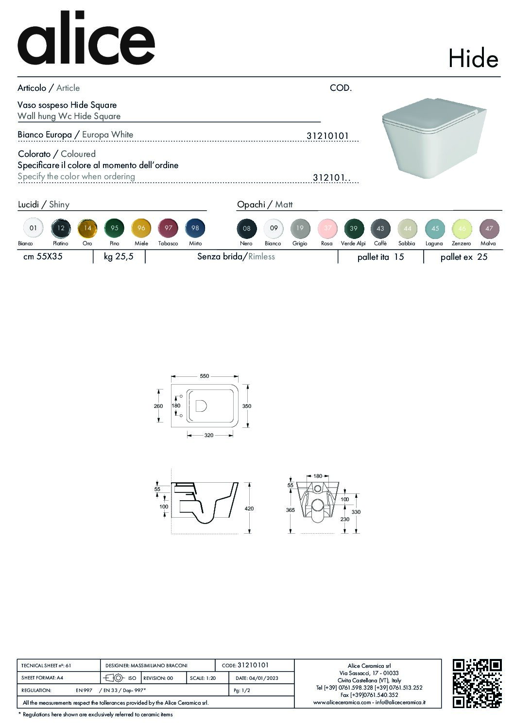 WC HIDE SQUARE WALL HUNG