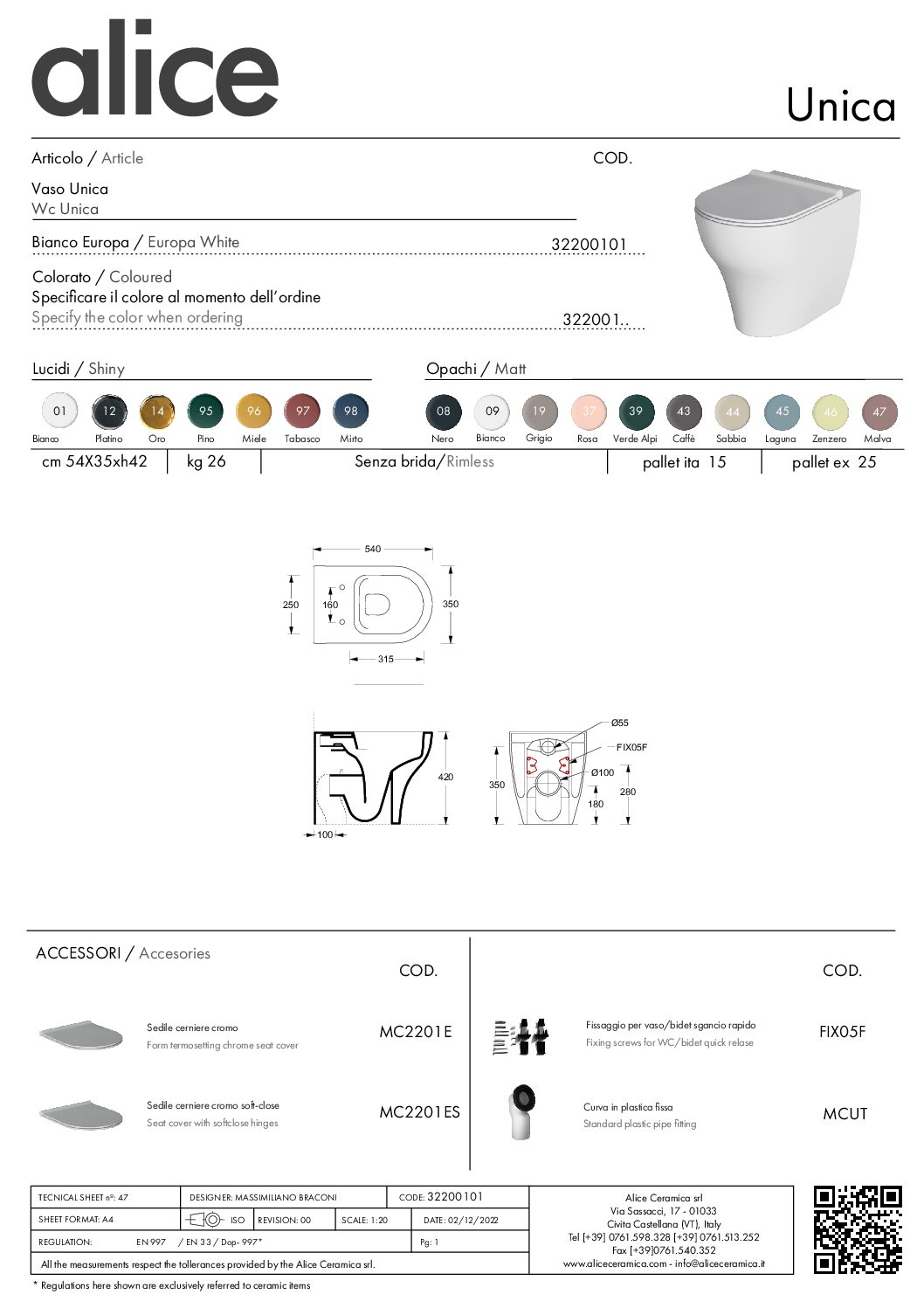 WC UNICA BACK TO WALL