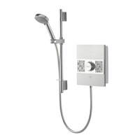 10.5kW shower with white glass fascia. Sensory illuminated start/stop touch control. Harmony Electric head with 5 spray settings.