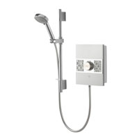 9.5kW shower with white glass fascia. Sensory illuminated start/stop touch control. Harmony Electric head with 5 spray settings.