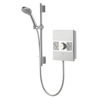 8.5kW shower with white glass fascia. Sensory illuminated start/stop touch control. Harmony Electric head with 5 spray settings.