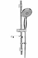 Chrome 4 function handset with rub clean nozzles and Flexi-Fit riser rail. Permits easy maintenance and easy installation. ECO feature offers up to 50% water saving.