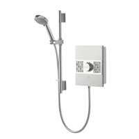 10.5kW shower with white glass fascia. Sensory illuminated start/stop touch control. Harmony Electric head with 5 spray settings.