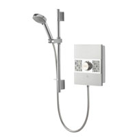 8.5kW shower with white glass fascia. Sensory illuminated start/stop touch control. Harmony Electric head with 5 spray settings.