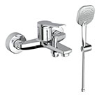 BATH-SHOWER MIXER WITH SHOWER EQUIPMENT AND FLOW RESTRICTOR