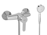 SHOWER MIXER WITH SHOWER EQUIPMENT AND FLOW RESTRICTOR