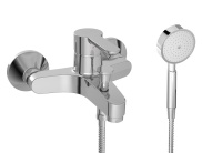 BATH-SHOWER MIXER WITH SHOWER EQUIPMENT AND FLOW RESTRICTOR