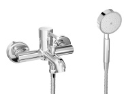 BATH-SHOWER MIXER WITH SHOWER EQUIPMENT AND FLOW RESTRICTOR