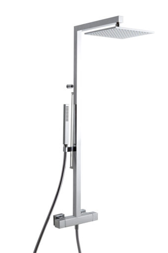 Wall-mtd. thermostatic shower set with anti-limescale hand-shower, shower head and sliding bar