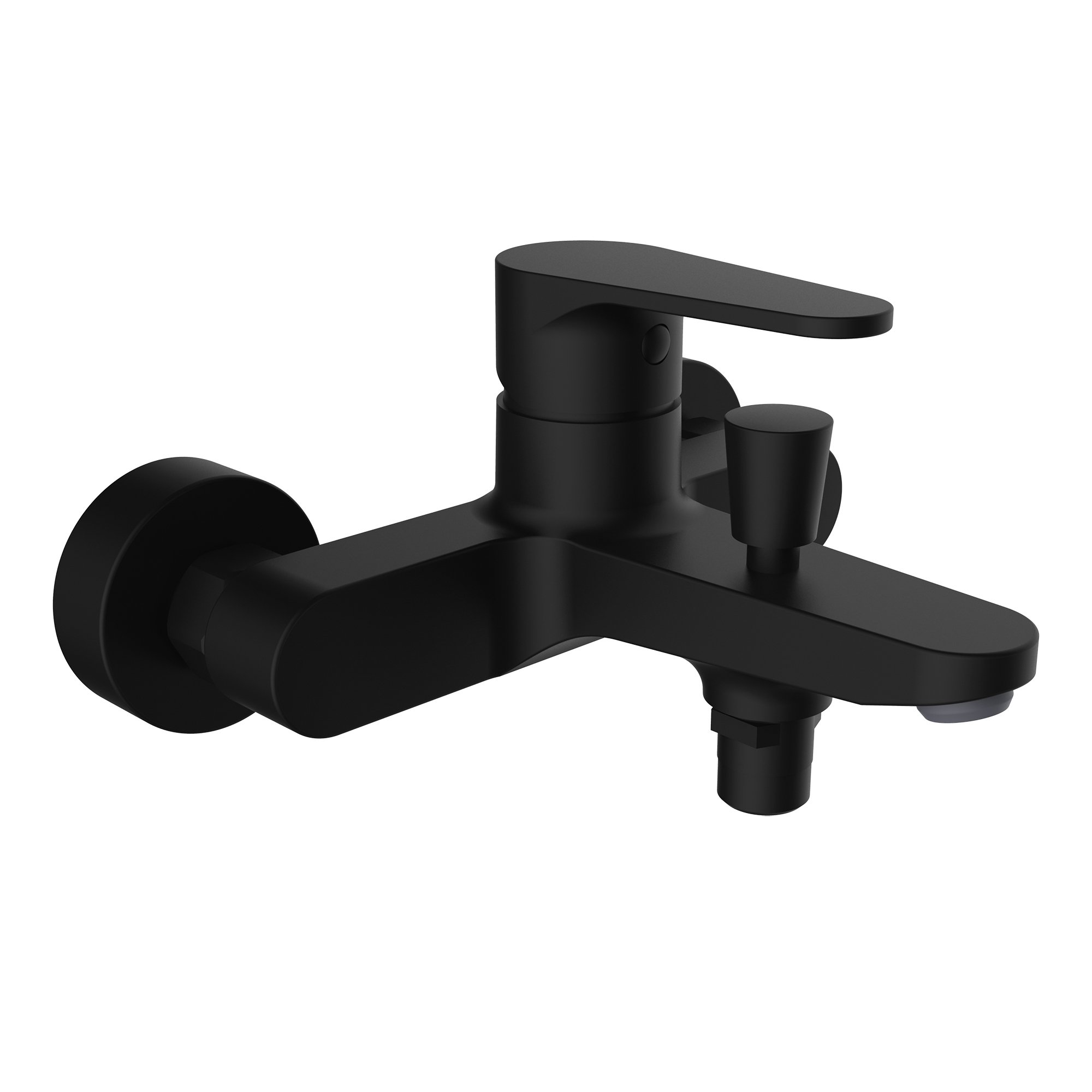 Single-lever bath-shower mixer with aerator and automatic diverter.