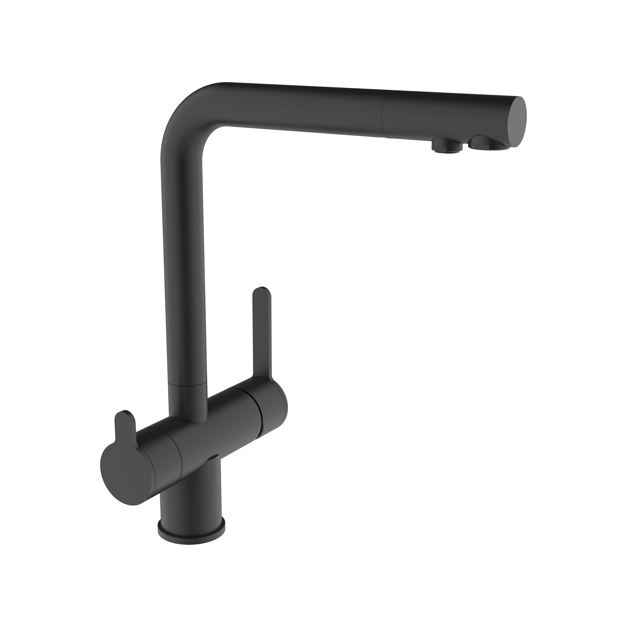 3-way sink for water treatment equipment with 2 water outlets, pull-out, swivel spout and flexible hoses 3/8″ >350mm.
