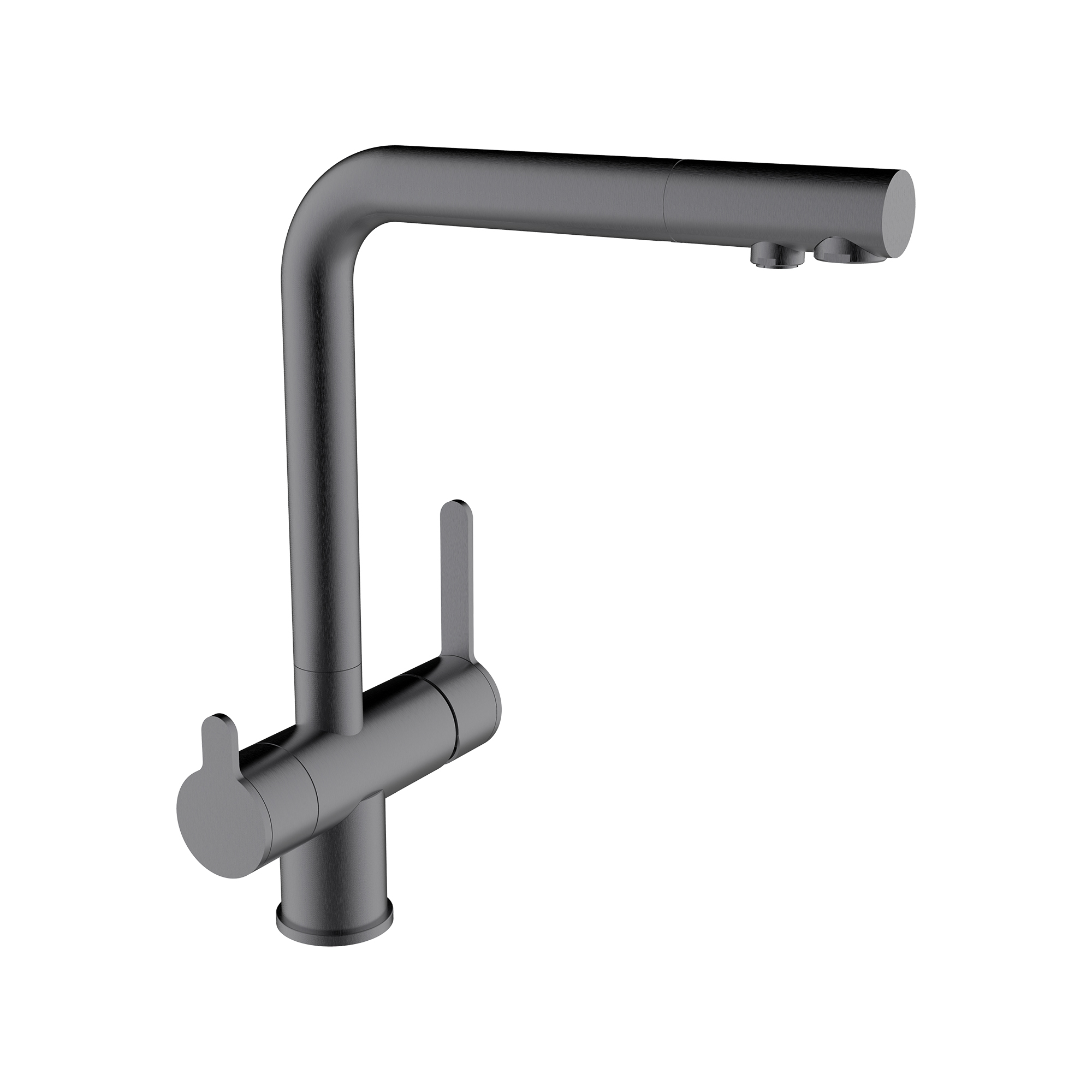 3-way sink for water treatment equipment with 2 water outlets, pull-out, swivel spout and flexible hoses 3/8″ >350mm.