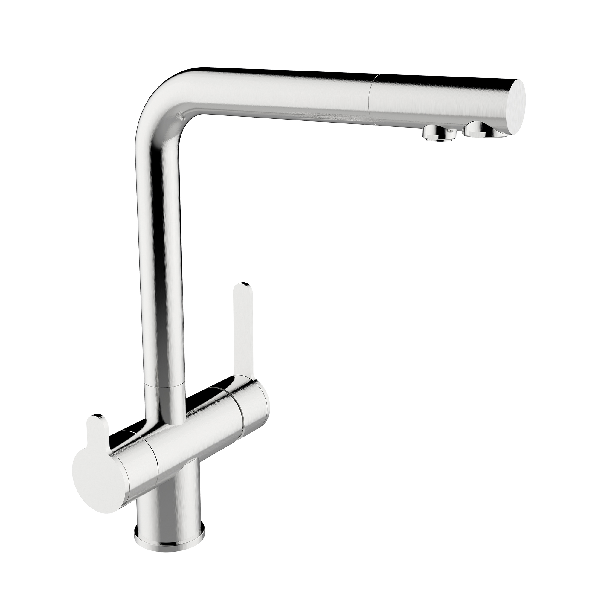 3-way sink for water treatment equipment with 2 water outlets, pull-out, swivel spout and flexible hoses 3/8″ >350mm.