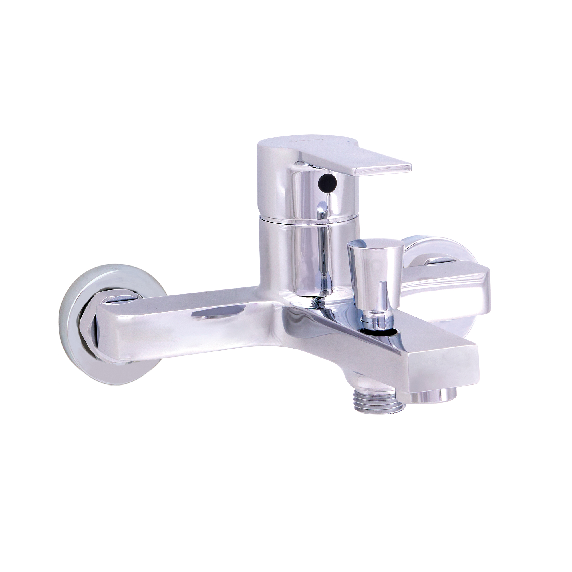 Single-lever bath-shower mixer with aerator and automatic diverter.