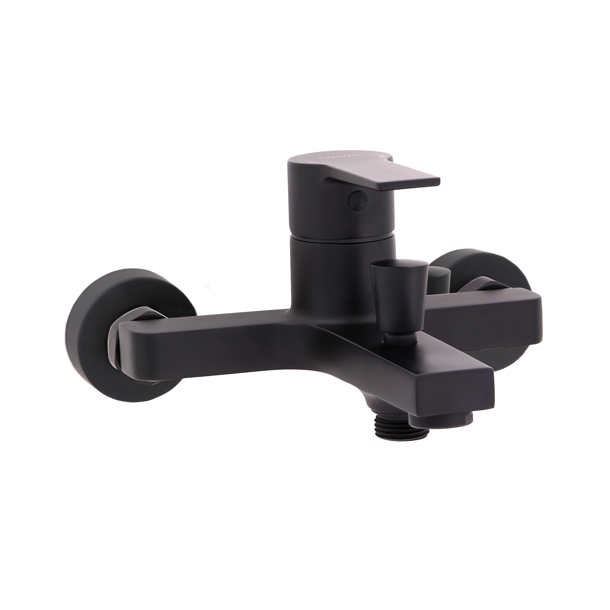 Single-lever bath-shower mixer with aerator and automatic diverter.
