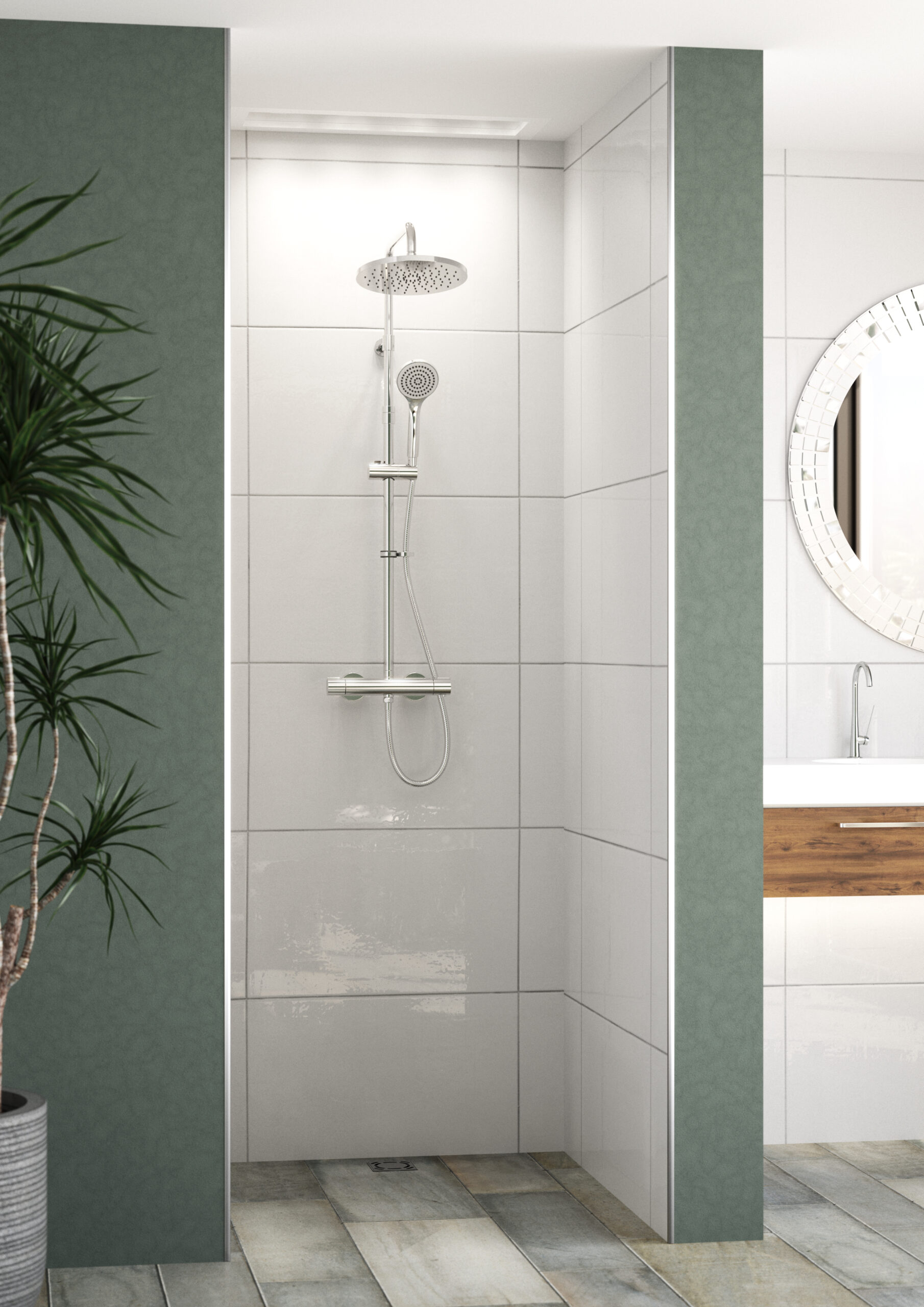 ENZO SAFE TOUCH DUAL 
OUTLET THERMOSTATIC 
SHOWER WITH 
TELESCOPIC RISER KIT 
OVERHEAD SOAKER AND 
HANDSET