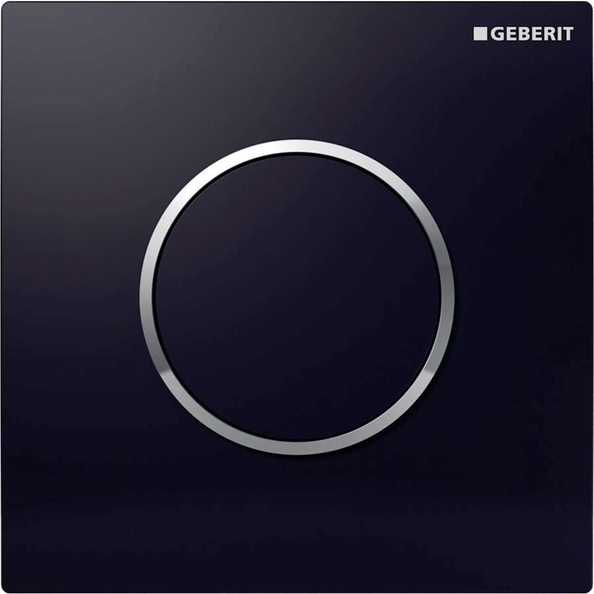 Geberit urinal flush control with pneumatic flush actuation, Type 10 actuator plate, round: Plate, Button: black / Glossy, Design ring/-s: chrome / Glossy