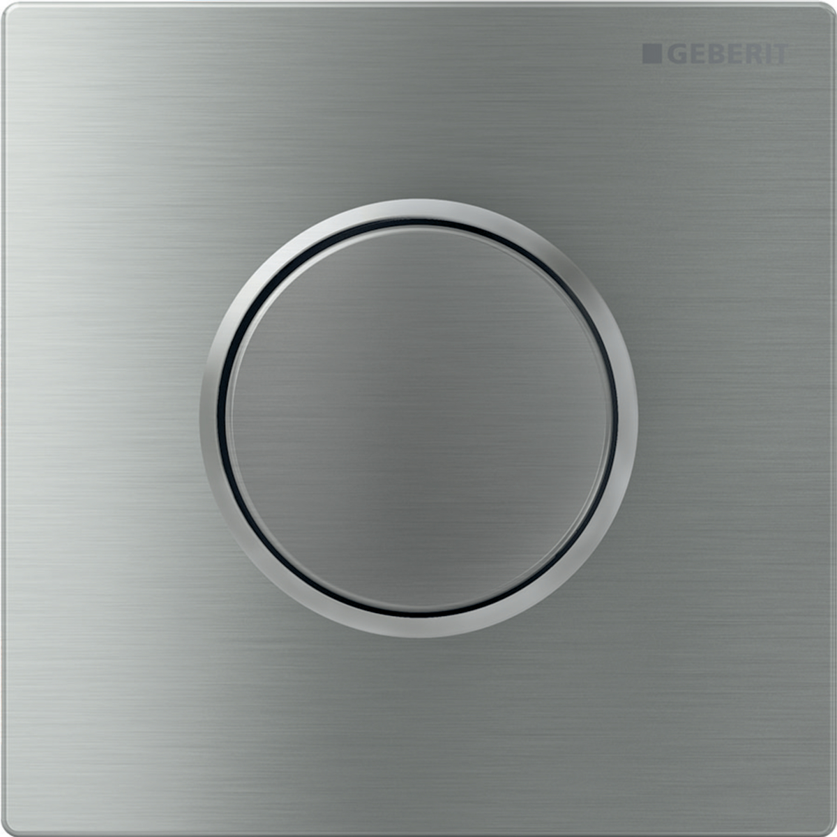 Geberit urinal flush control with pneumatic flush actuation, Type 10 actuator plate, round: Plate, Button: Brushed, easy-to-clean coated, Design ring: Polished