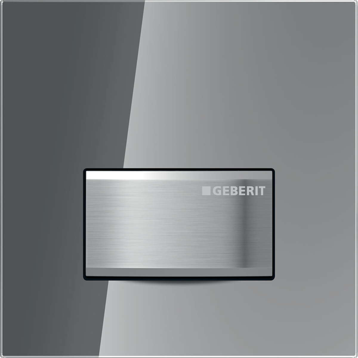 Geberit urinal flush control with pneumatic flush actuation, Type 50 actuator plate, square: Plate: Smoked glass reflective, Button: chrome / Brushed