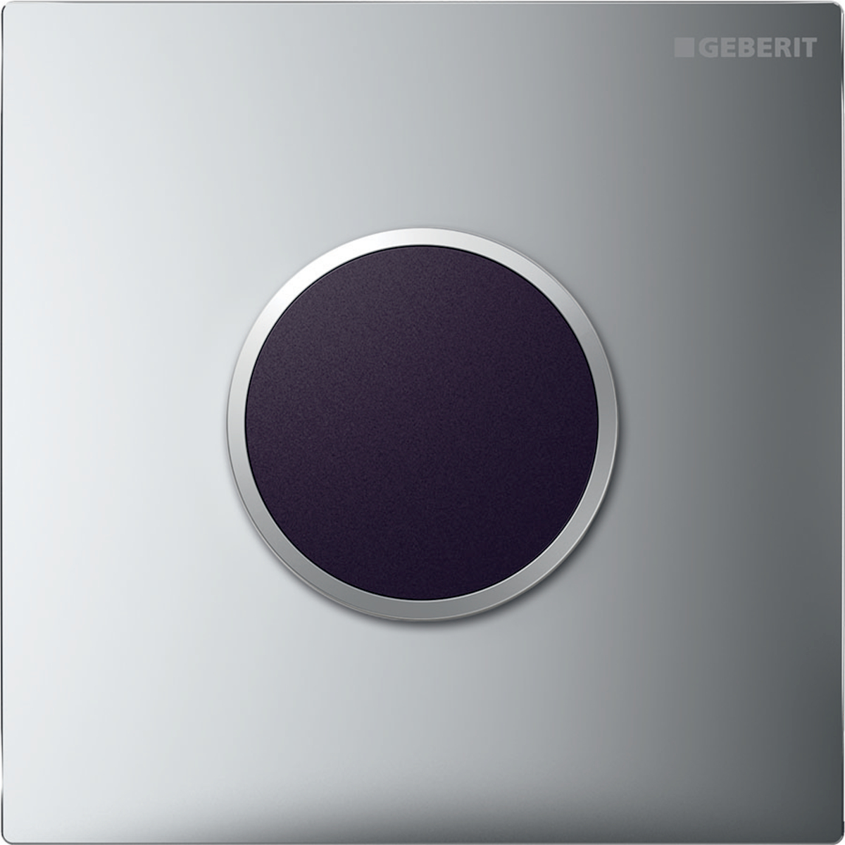 Geberit urinal flush control with electronic flush actuation, mains operation, Type 10 cover plate, round: Plate: chrome / Glossy, Design ring/-s: chrome / Matt