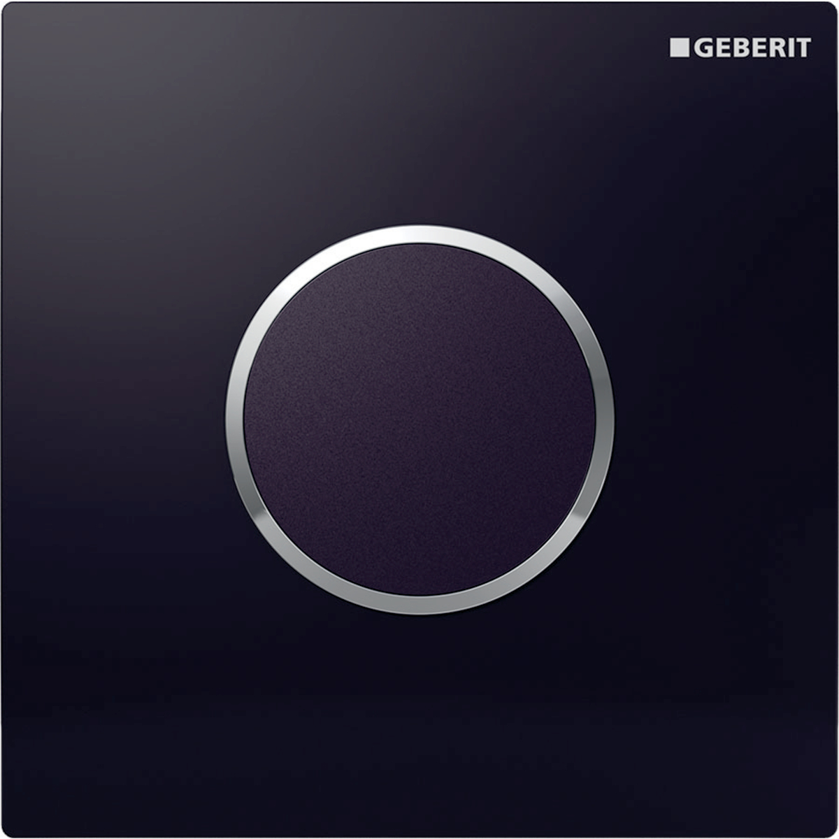 Geberit urinal flush control with electronic flush actuation, mains operation, Type 10 cover plate, round: Plate: black / Glossy, Design ring/-s: chrome / Glossy