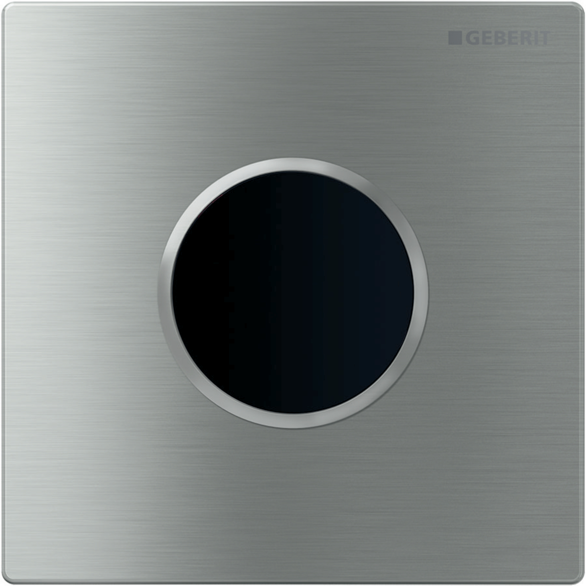 Geberit urinal flush control with electronic flush actuation, mains operation, Type 10 cover plate, round: Plate: Brushed, easy-to-clean coated, Design ring: Polished