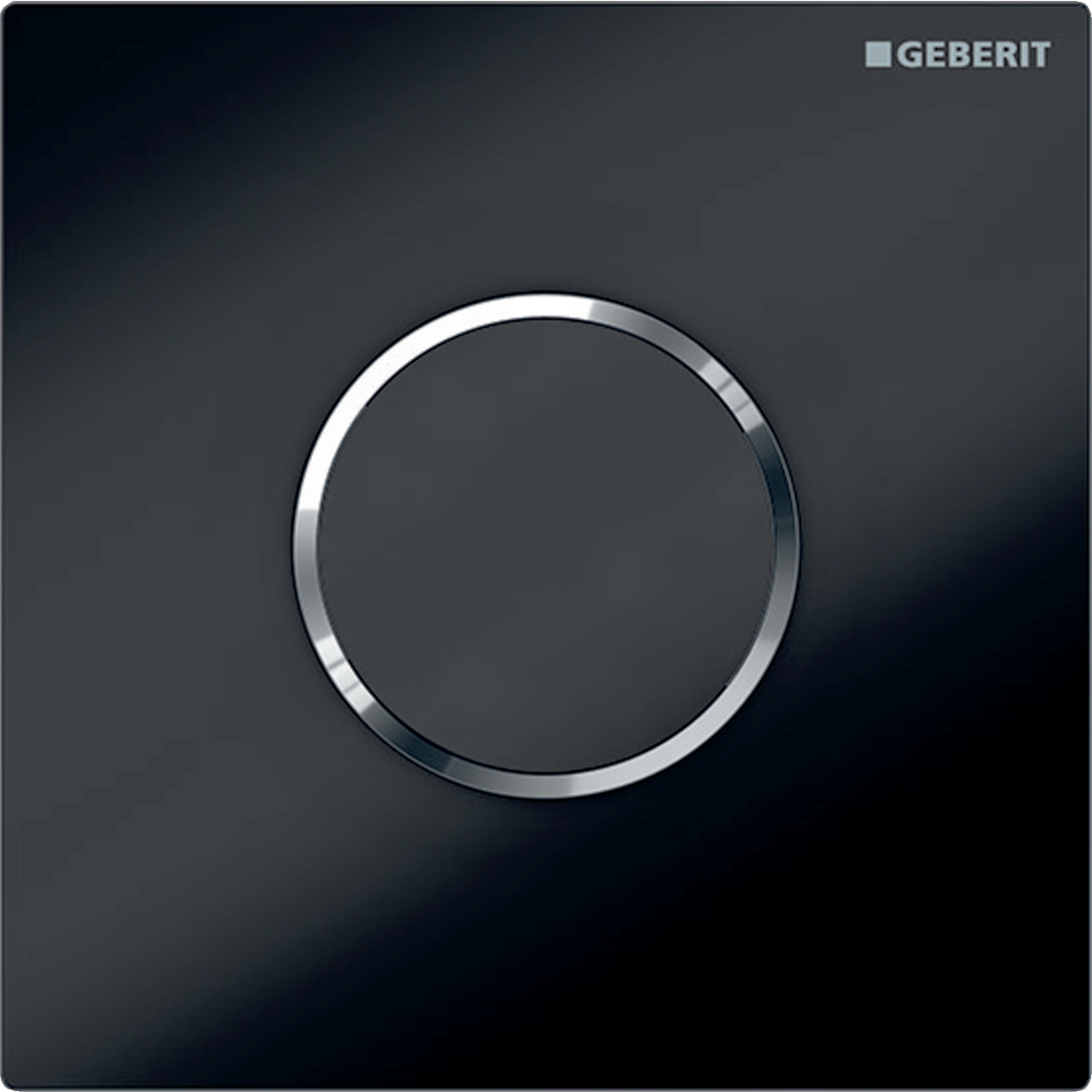 Geberit urinal flush control with electronic flush actuation, battery operation, Type 10 cover plate, round: Plate: black / Glossy, Design ring/-s: chrome / Glossy
