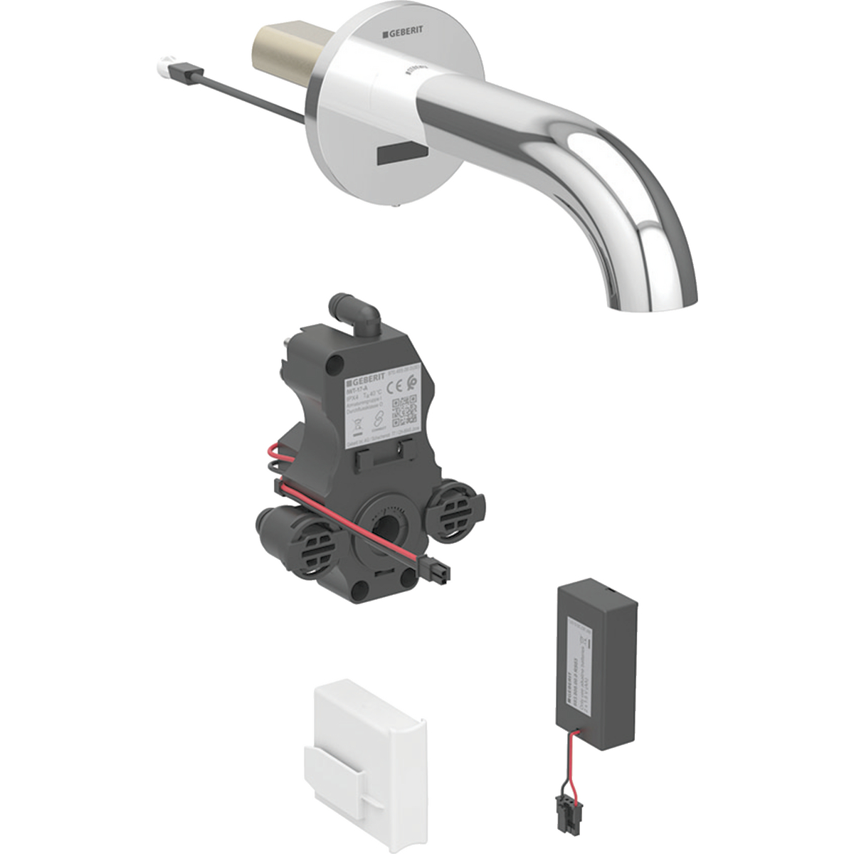 Geberit Piave washbasin tap, wall-mounted, battery operation, for concealed function box: chrome / Glossy, L=22cm, Mixer=with mixer