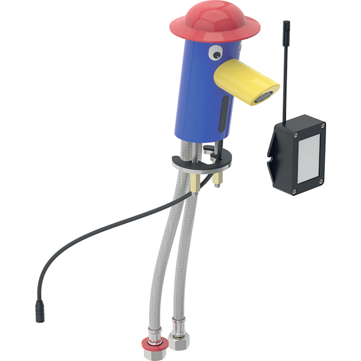 Geberit Bambini washbasin tap, battery operation, multicolour: Mixer=with mixer, Body: ultramarine blue / Powder-coated, Hat: carmine red, Spout: rapeseed yellow / Powder-coated