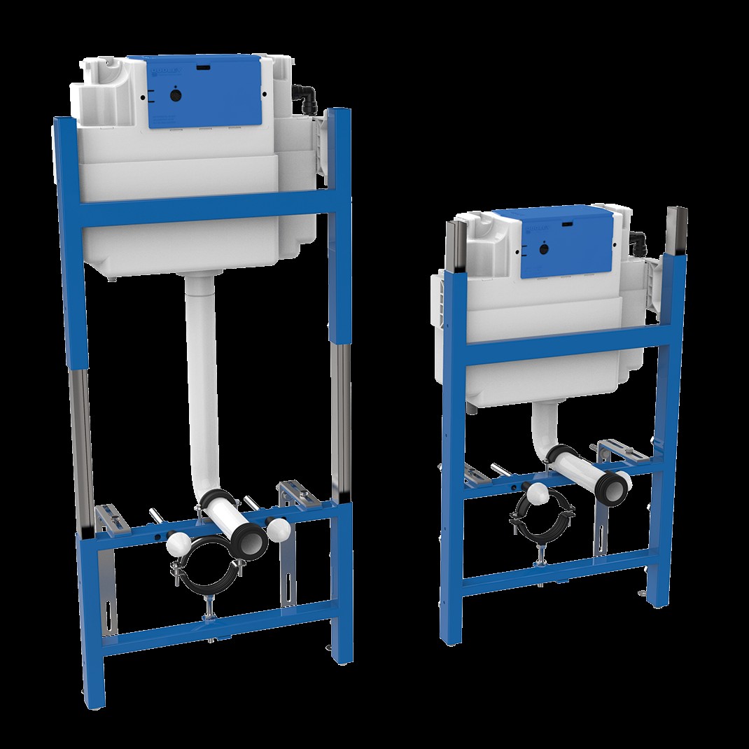 Dudley Illusion A Painted Steel Frame Support for W.C. inc. Front Access Dudley ‘Vantage’ 6/4L, 5/3L, 4/2.6L Pneumatic Cistern.  Frame Adjusts from 820mm to 1120 mm High, 150-370mm Deep c/w CP Dualflush ‘Oyster’ Plate (c/w Polystyrene Jacket)