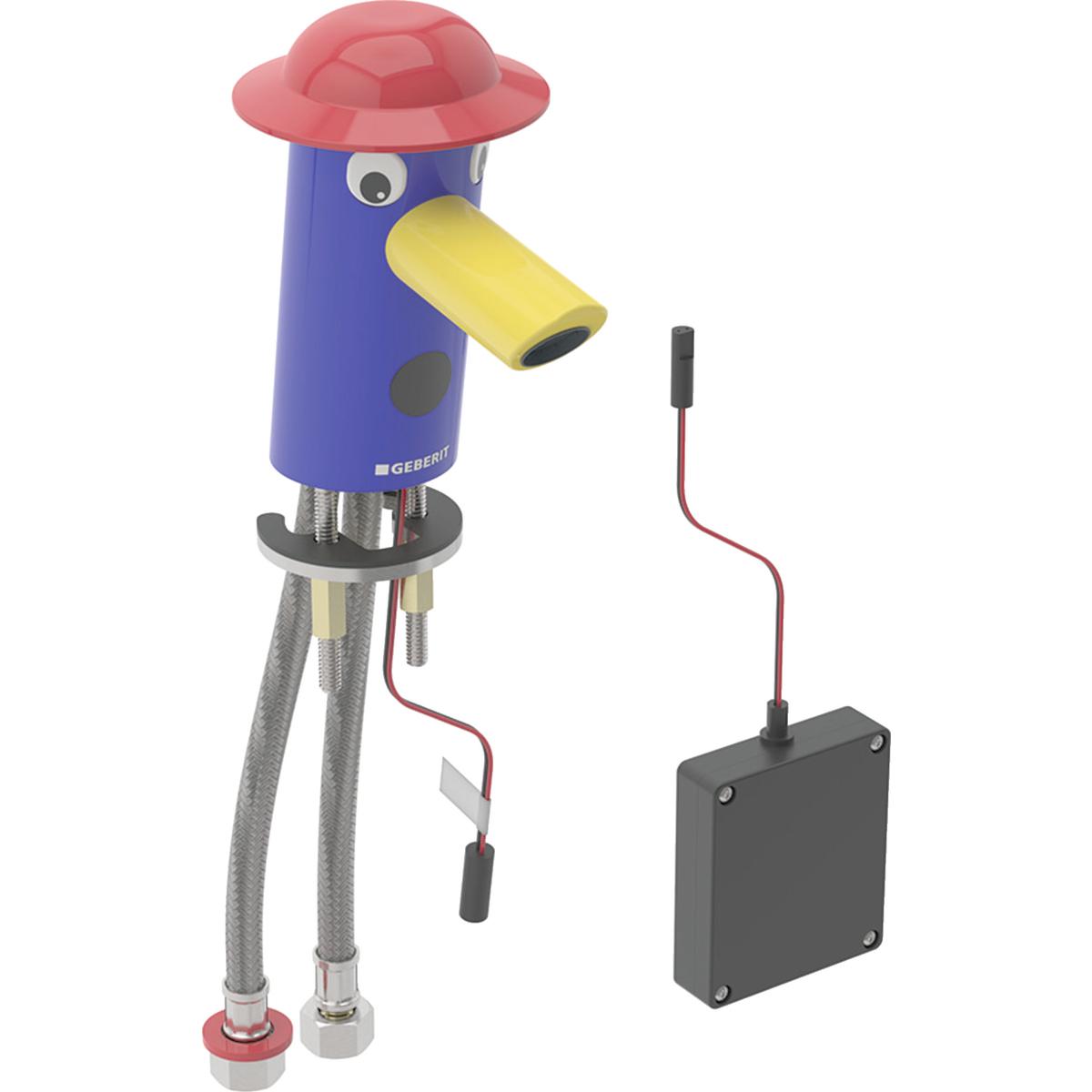 Geberit Bambini washbasin tap, battery operation, multicolour: Mixer=with mixer, Body: ultramarine blue / powder-coated, Hat: carmine red, Spout: rapeseed yellow / powder-coated